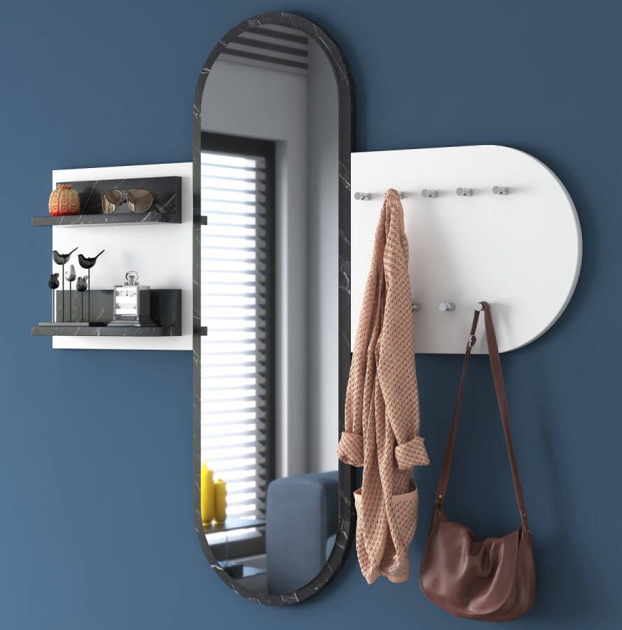 Rani Wandkapstok Kapstok met Spiegel Wit Antraciet- Marmer look Met rekjes Wandschap