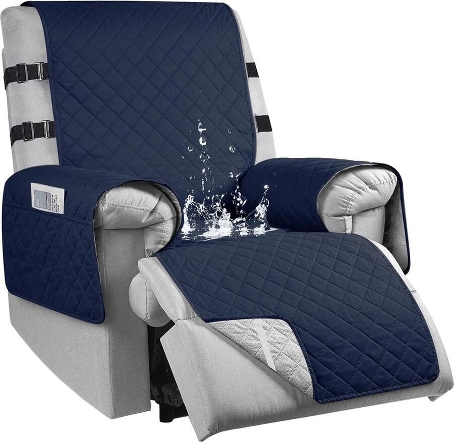 RAPRAP 100% waterdicht stoelkussen met armleuningen antislip stoelbeschermer voor relaxstoel met 2 verstelbare riemen televisiestoelbeschermer 1-zits geschikt voor gezinnen met huisdieren blauw L - Foto 2