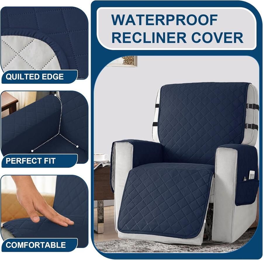 RAPRAP 100% waterdicht stoelkussen met armleuningen antislip stoelbeschermer voor relaxstoel met 2 verstelbare riemen televisiestoelbeschermer 1-zits geschikt voor gezinnen met huisdieren blauw L