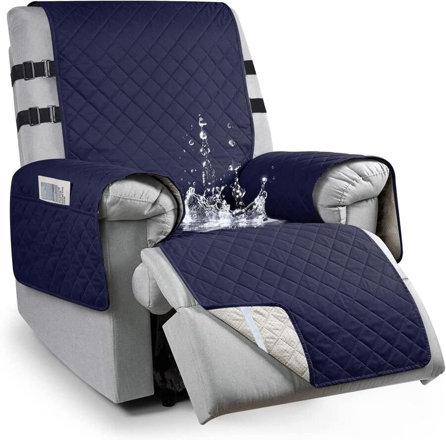 RAPRAP Fauteuilbeschermer voor relaxstoelen met armleuningen 100% waterdichte fauteuilhoes voor tv-stoelen 1-zits antislip armleuningbeschermer met zakken en 2 verstelbare banden blauw S