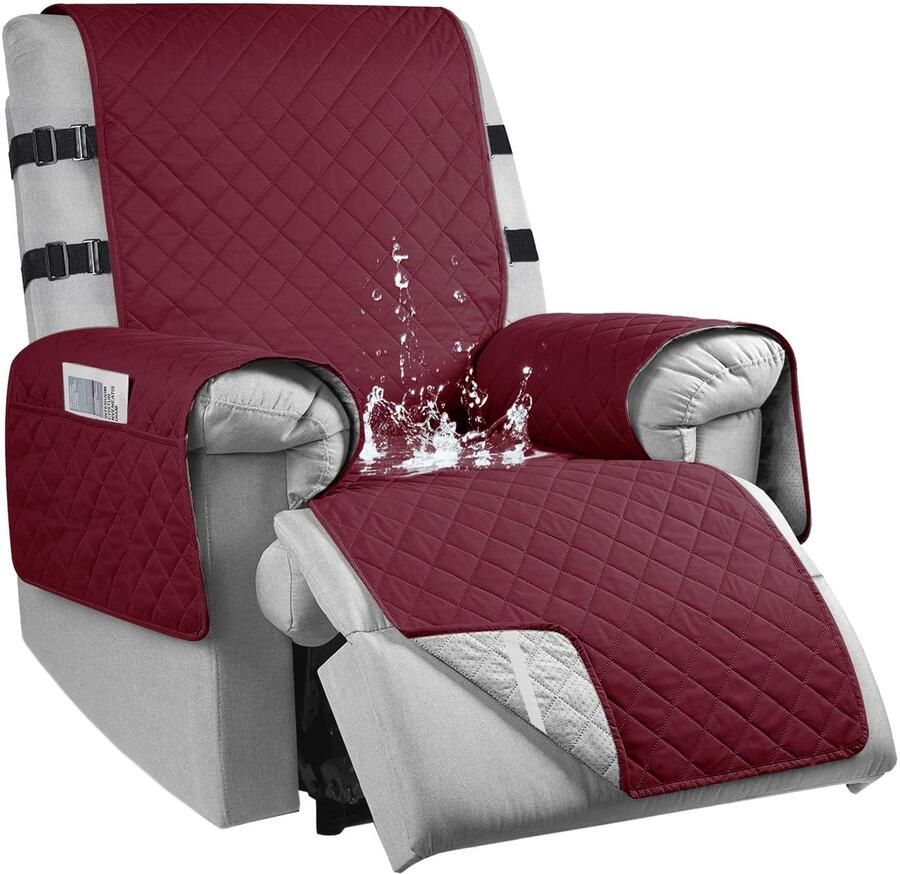 RAPRAP Fauteuilbeschermer voor tv-fauteuils 100% waterdichte 1-zits fauteuilbeschermer met zakken antislip fauteuilhoes relaxfauteuil met 2 verstelbare banden machinewasbaar rood L