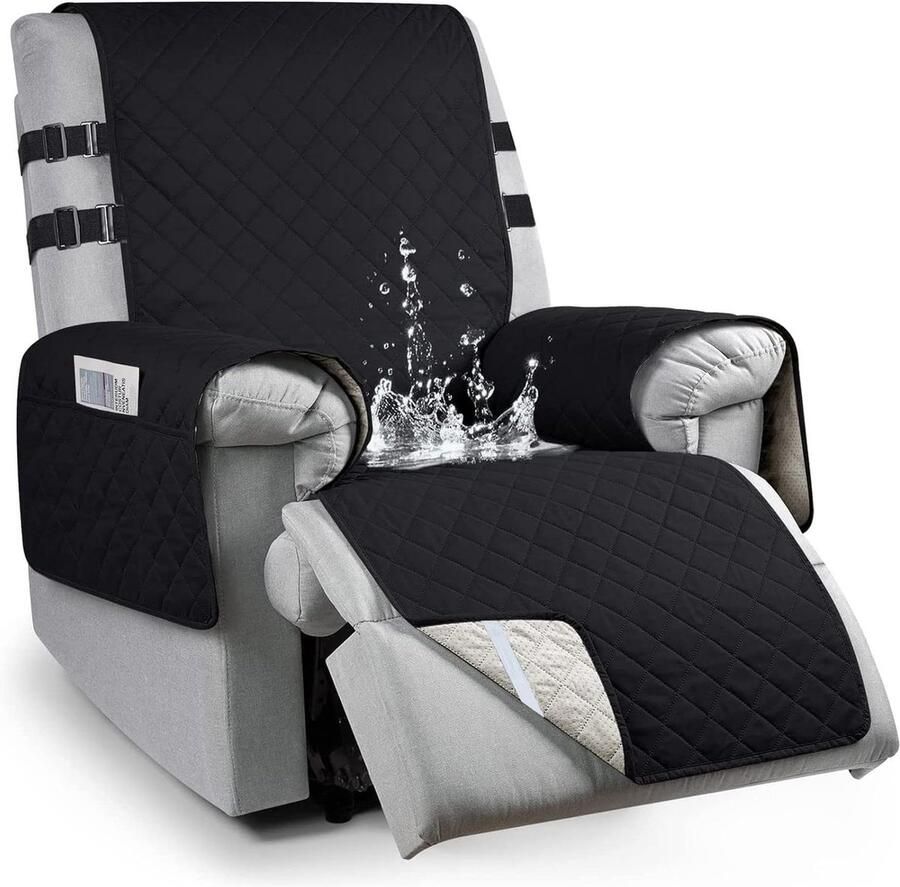 RAPRAP Stoelbeschermer met armleuning 100% waterdichte stoelbekleding met zakken antislip voor televisiefauteuils fauteuilhoes met 2 verstelbare riemen 1-zits zwart L