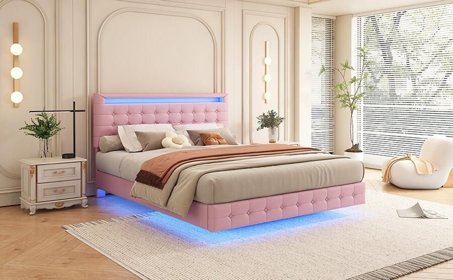 Rayofi 140*200 cm vlak bed led-omgevingsverlichting afstandsbediening met 24 toetsen vering PU-materiaal hoofdbord in drie standen verstelbaar roze