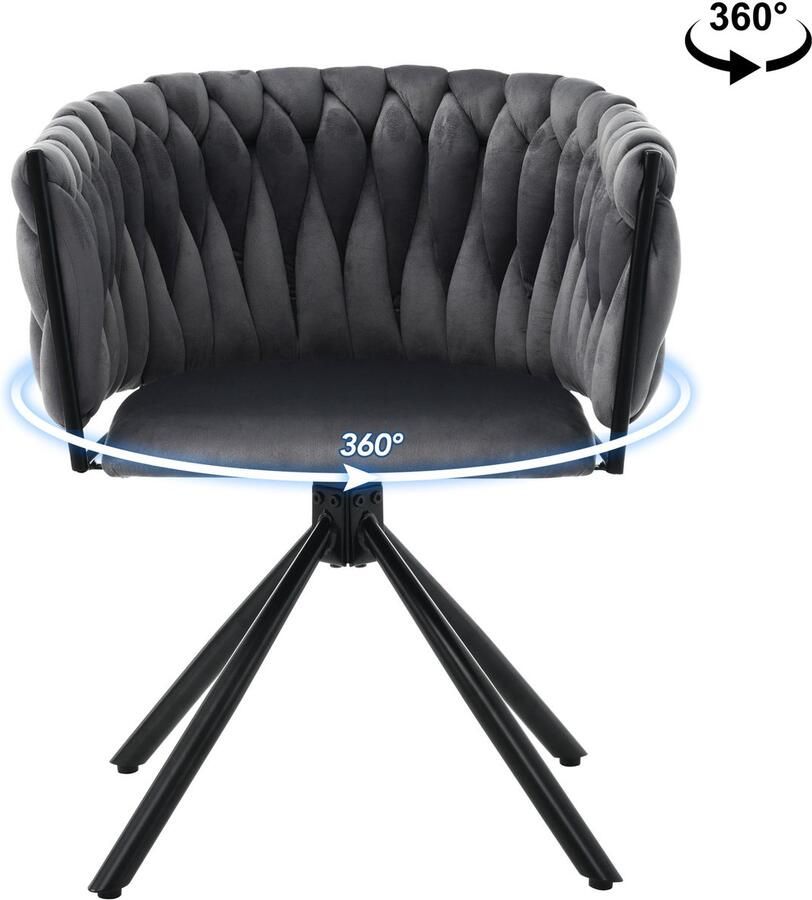 Merax Fluwelen eetkamerstoel eenpersoons luxe woonkamer slaapkamer draaistoel lounge draaistoel met vier metalen steunpoten grijs
