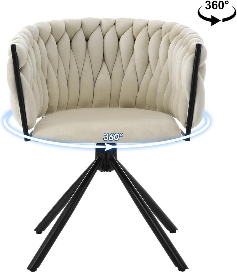 Merax Fluwelen eetkamerstoel eenpersoons luxe woonkamer slaapkamer draaistoel lounge draaistoel met vier metalen steunpoten beige