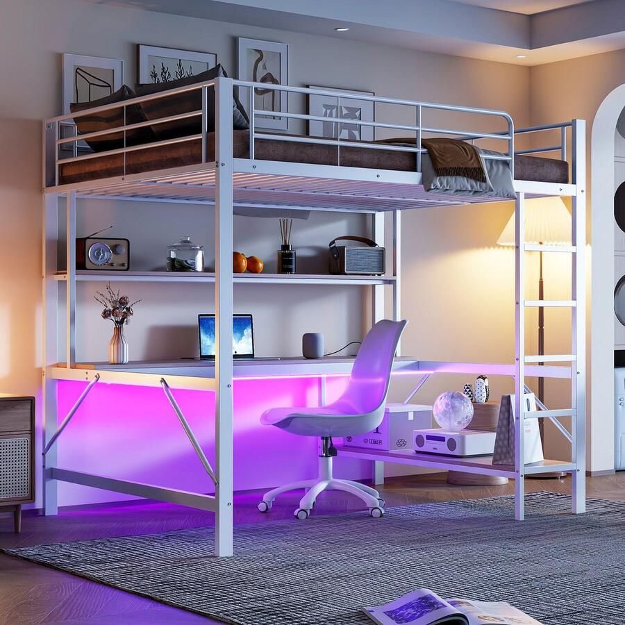 Merax Hoogslaper 140x200 cm trapladder met USB en stopcontact met LED-verlichting bureau zonder matras wit