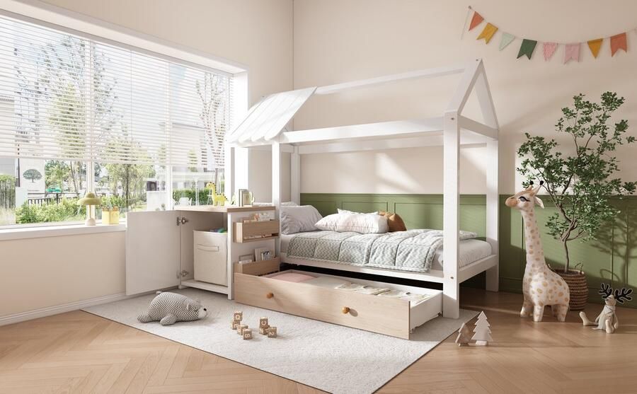 Rayofi Huisbed kinderbed 90x200 cm van massief hout met lades en afneembaar nachtkastje vloerbed in wit en eikenwit zonder matras