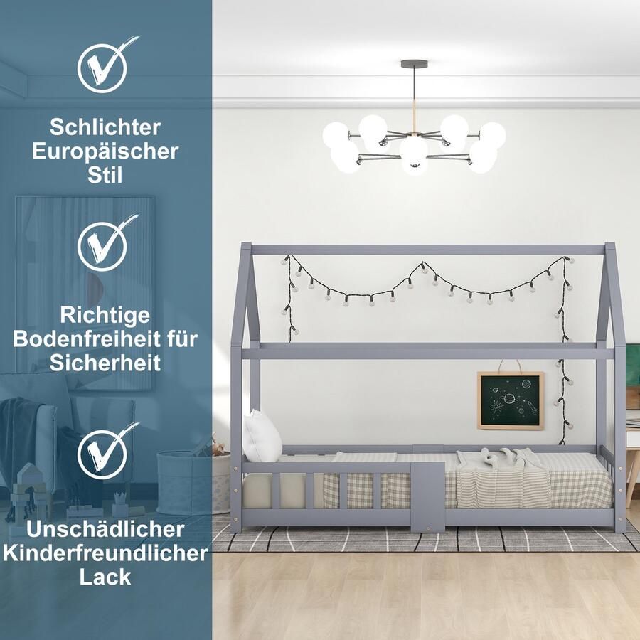 Rayofi Kinderbed huisbed 90 x 200 cm Houten bed voor kinderkamer incl. schoolbord Lattenbodems Valbeveiliging van grenenhout Grijs (zonder matras)