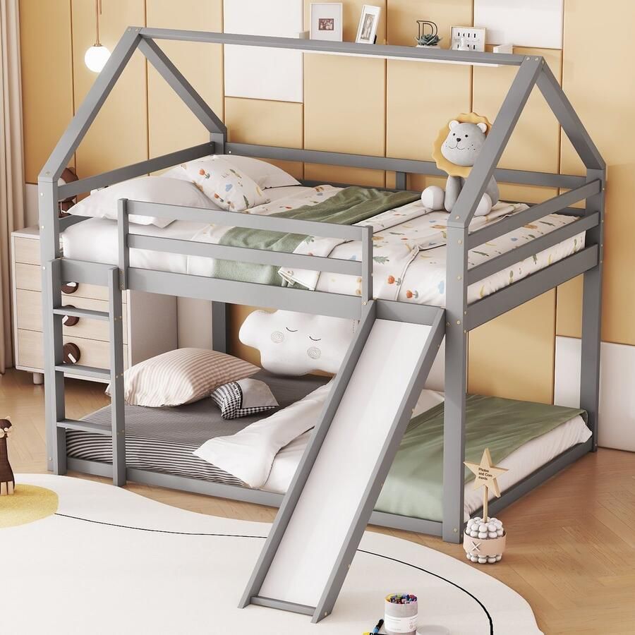 Merax Stapelbed 140x200cm kinderbed huisbed hoogslaper met glijbaan en ladder grijs zonder matras