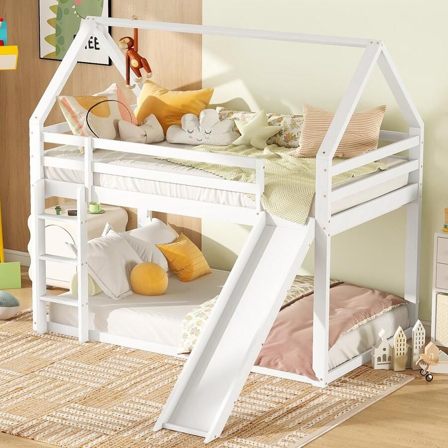Rayofi (=WX000117AAK-1) Eenpersoonsbed Kinderbed Huisbed Stapelbed met glijbaan en ladder Wit 90x200cm