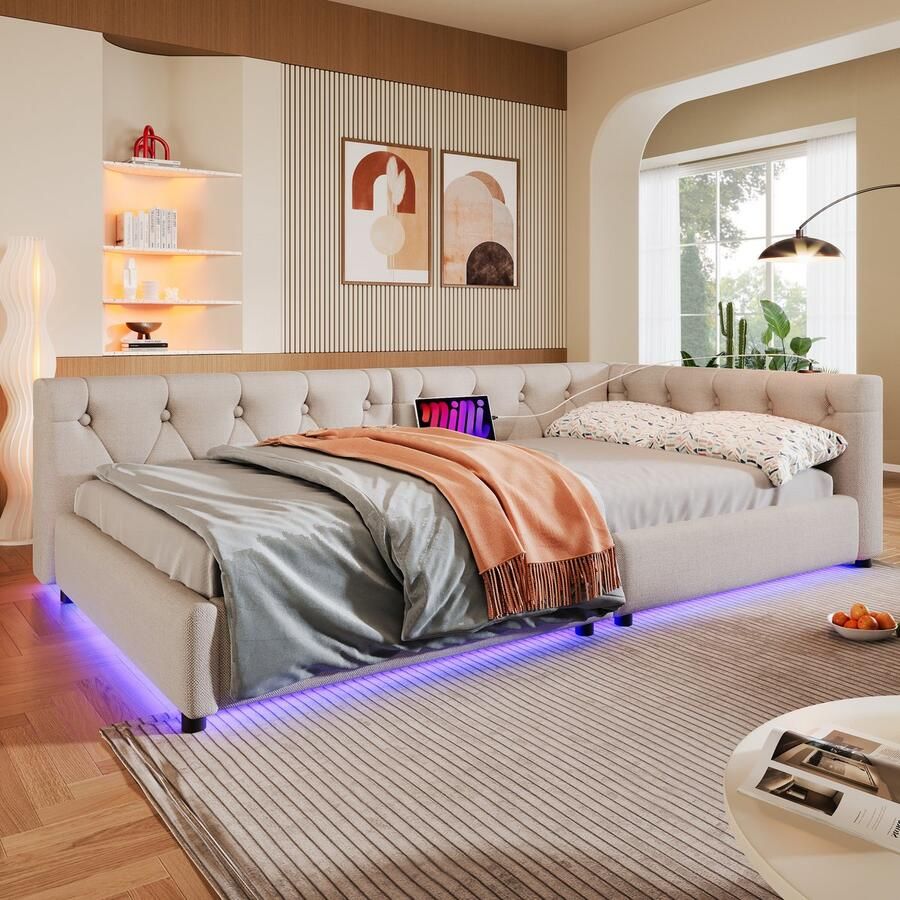 Rayofi (=WX001033AAA)Slaapbank Daybed Dagbed 90x200cm Slaapbank met lattenbodem (zonder matras) Sfeerverlichting met afstandsbediening Hoofdbord met knopjes Usb+Type-c Linnen Beige