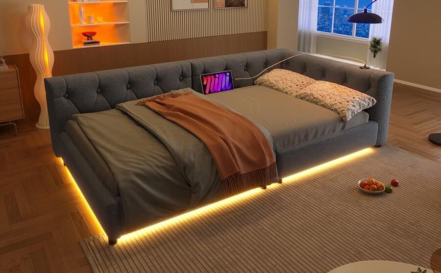 Rayofi (=WX001033AAE)Slaapbank Daybed Dagbed 90x200cm Slaapbank met lattenbodem (zonder matras) Sfeerverlichting met afstandsbediening Hoofdbord met knoptufting USB+Type-C Linnen Grijs