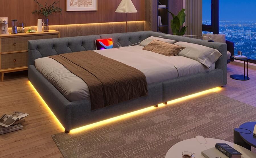 Rayofi (=WX001034AAE)Slaapbank Daybed Dagbed 140x200cm Slaapbank met lattenbodem (zonder matras) Sfeerverlichting met afstandsbediening Hoofdbord met knoopjes Linnen Grijs