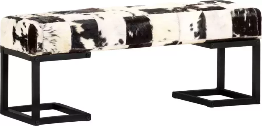 Real Leather Artwork Bankje zwart en wit patchwork zwarte stalen poten echt geitenleer uniek product robuust koeienhuid look industriële uitstraling vrolijk 100% leder vierkant patroon 160 30 40 (B x D x H)
