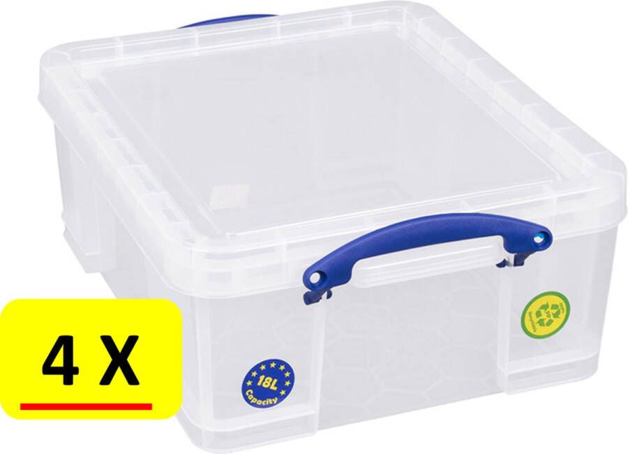 Really Useful 4 x Box opbergdoos Opbergbox met deksel 18 liter Transparant