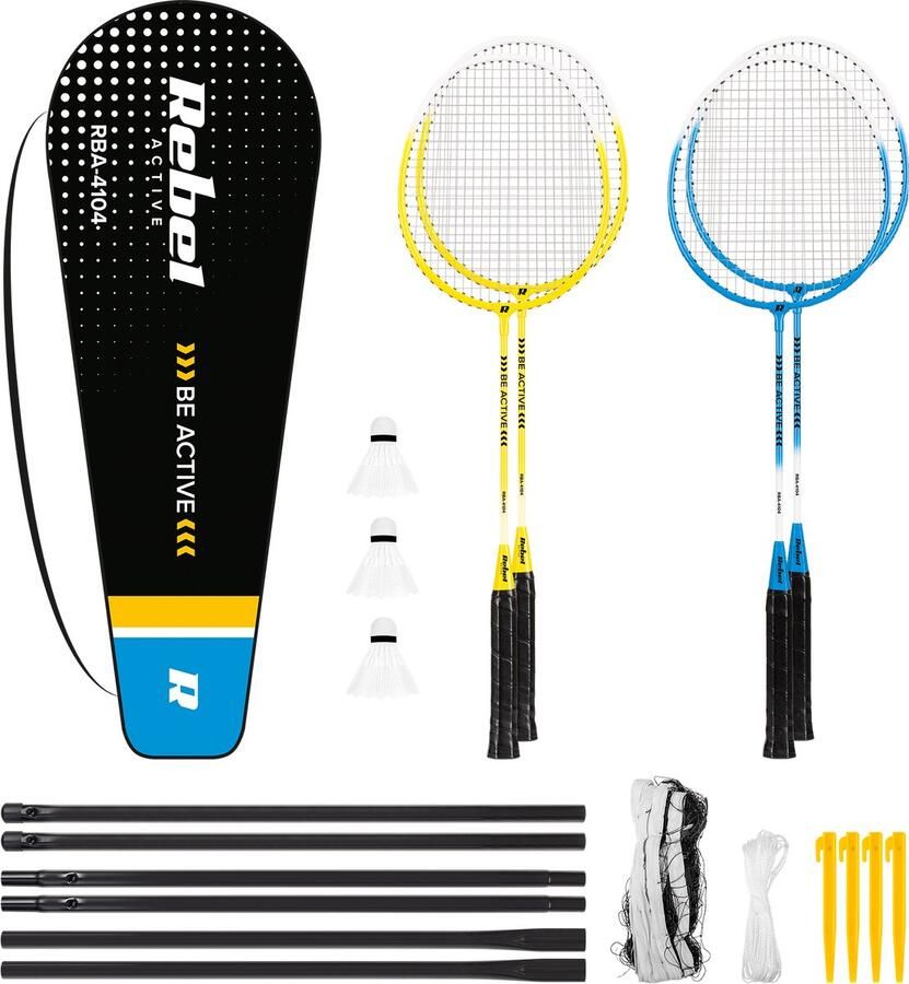 Rebel Active Complete Badminton Set Opvouwbaar Draagbaar Badmintonnet Snel Op te Zetten Met Draagtas Blauw