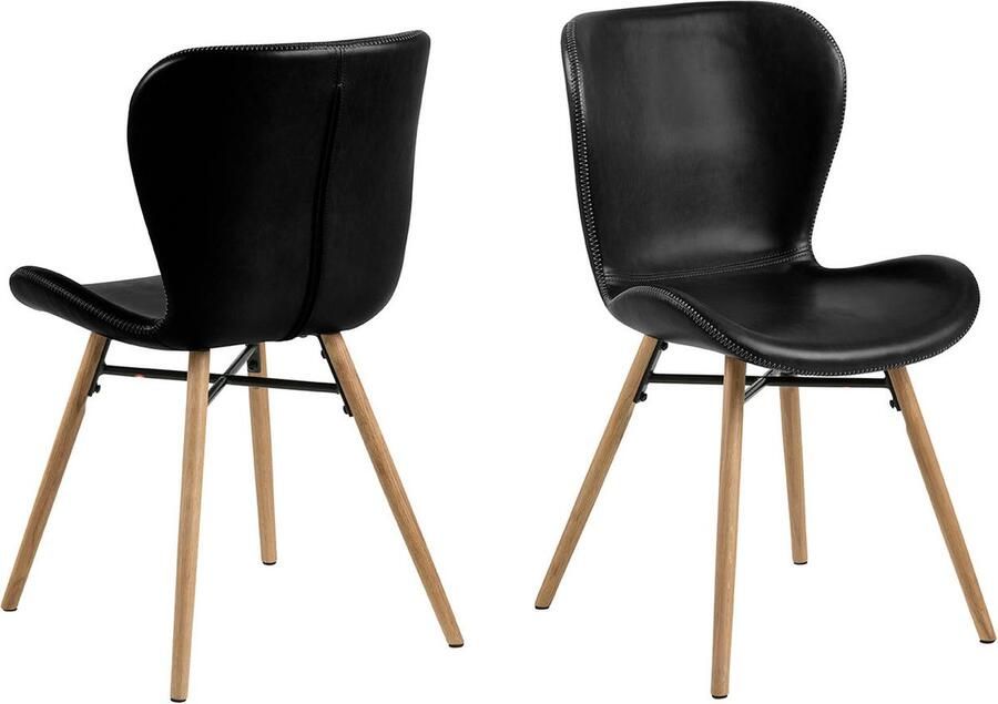 Rebellenclub Pescara Eetkamerstoel Set van 2 Zwart Letherlook met Houten Poten