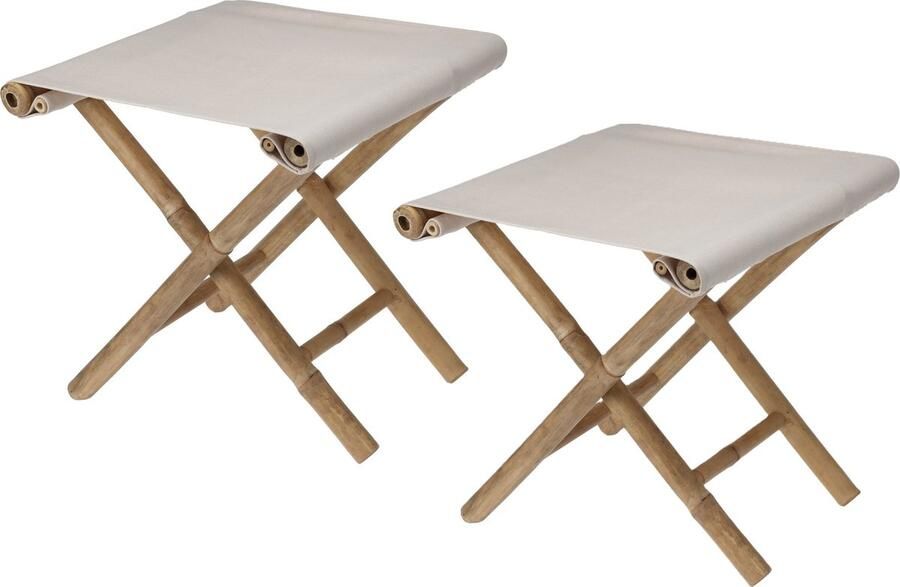 Redcliffs Bijzet krukje stoel 2x Inklapbaar creme vouwkruk bamboe polyester 40 x 40 cm
