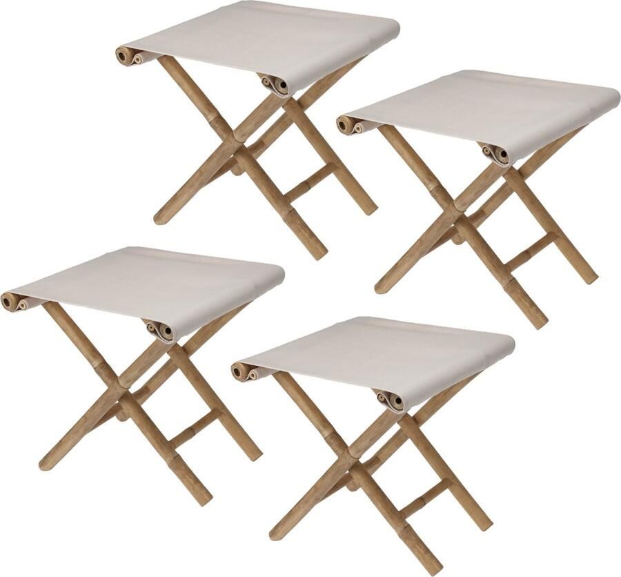 Redcliffs Bijzet krukje stoel 4x Inklapbaar creme vouwkruk bamboe polyester 40 x 40 cm