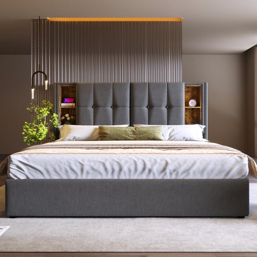 Singularity -Tweepersoonsbed met draadloos opladen USB C- gestoffeerd bedframe 140x200cm- bedframe met opbergruimte lattenbodem grijs zonder matras - Foto 2
