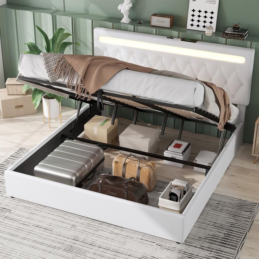 Merax Gestoffeerd bed 180x200 cm met LED-verlichting verstelbare hoofdbord met USB-aansluiting met opbergruimte wit zonder matras