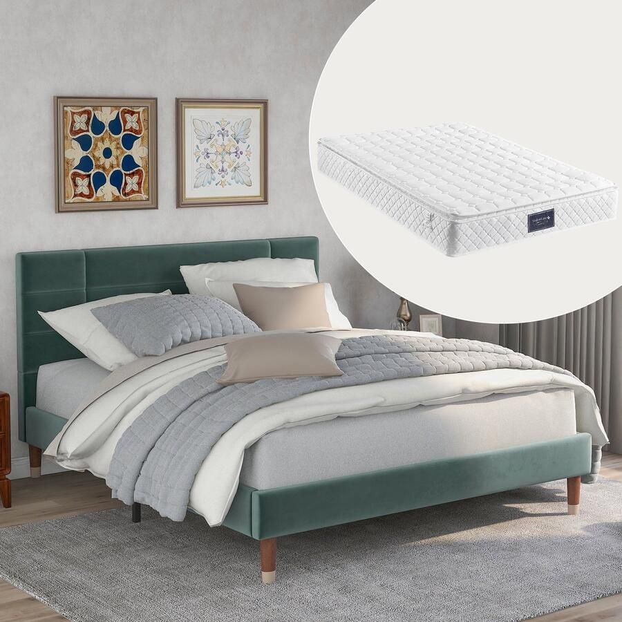 Singularity -Gestoffeerd bed- tweepersoonsbed- 140x200cm gestoffeerd bedframe met hoofdbord- in donkergroen fluweel- met springverenmatras - Foto 2