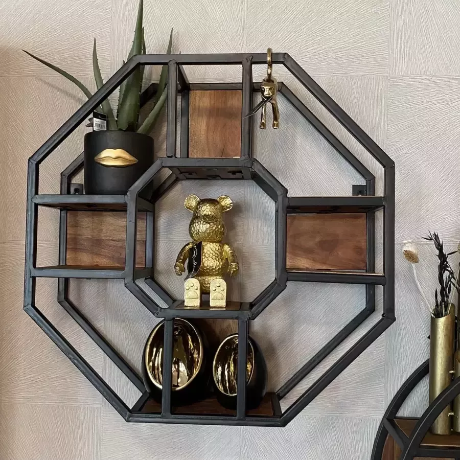 Reefs Interior Wandrek Stan Mangohout Metaal 8-hoekig 60cm 7 planken Industrieel Wanddecoratie