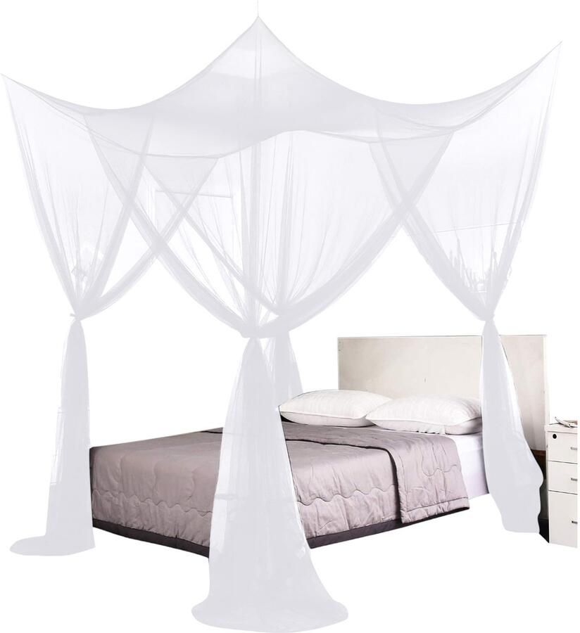 REFTTENW Klamboe Minimalistische Stijl Klamboe Tweepersoonsbed Met 4 Open Rechthoekige Muggennet Voor Bed Vliegennet Fijnmazig Muggennet Vierkant Muggennet Met Haken*4+Ankers*4 190*210*240Cm Groot Formaat Mistig Wit