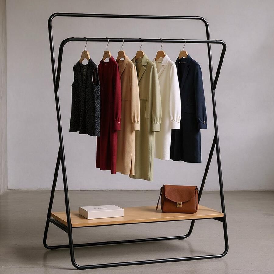 REFTTENW Kledingrek Garderoberek Industrieel Kledingrek -Dubbele Stang X-Vormige Kapstok 44Cm × 80Cm × 152Cm (B × L × H)— Opbergruimte Voor Schoenen — Opbergruimte Voor Schoenen — Buiten Droogrek — Vrijstaand Droogrek Voor Buiten Zwart