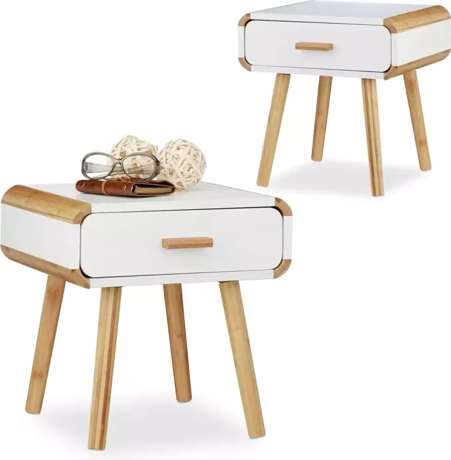 Relaxdays 2x nachtkastje met lade nachttafel wit bijzettafel hout – Scandinavisch