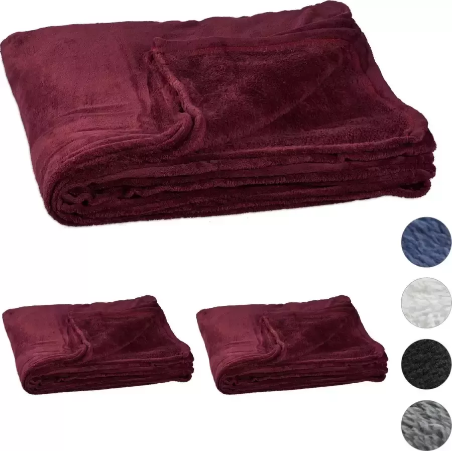 Relaxdays 3x fleece deken 200x220 cm plaid bank kleed polyester xxl bordeaux