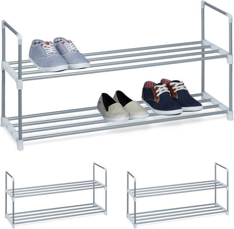 Relaxdays 3x schoenenrek metaal 2 etages open schoenenkast zilver opbergrek schoenen