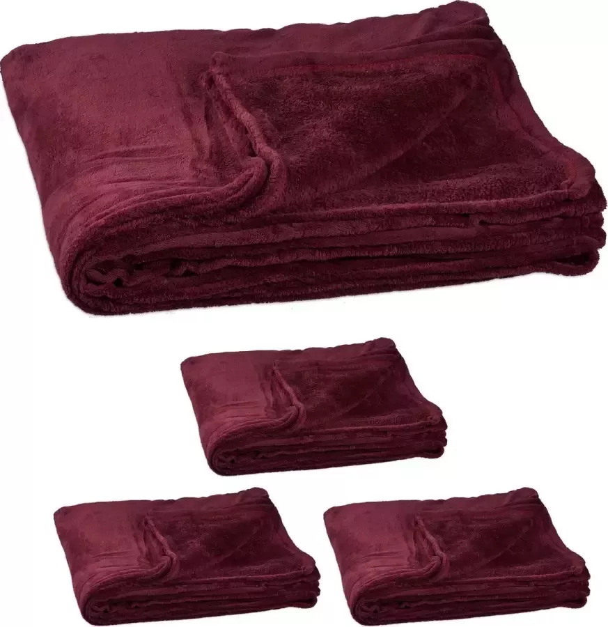 Relaxdays 4x fleece deken 200x220 cm plaid bank kleed polyester xxl bordeaux