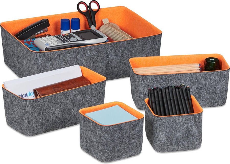 Relaxdays lade organizer vilt 5-delige set van opbergmandjes bureau 3 groottes vilten opbergdozen