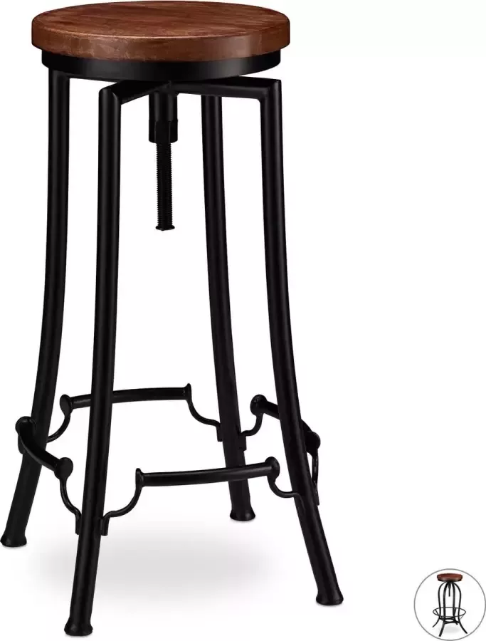 Relaxdays barkruk industrieel draaibare kruk vintage stoel ijzer & hout hoogte verstelbaar tot 77 5 cm zwart-bruin A - Foto 3