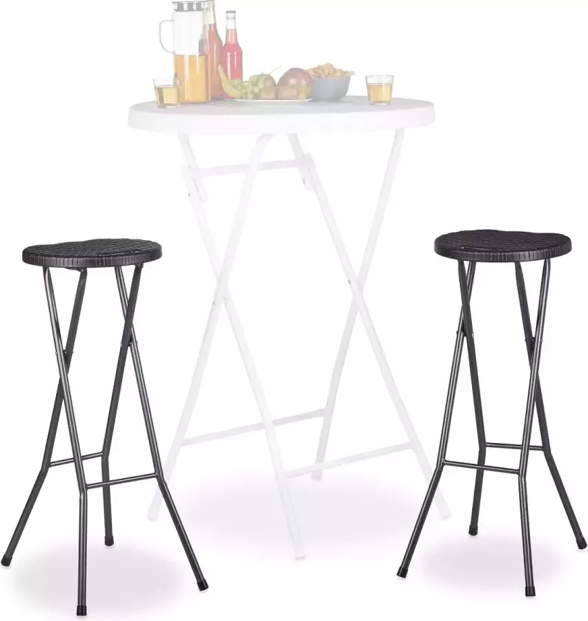 Relaxdays barkruk inklapbaar BASTIAN 2 stuks weerbestendig 80 cm hoog barstoel kunststof rond zwart