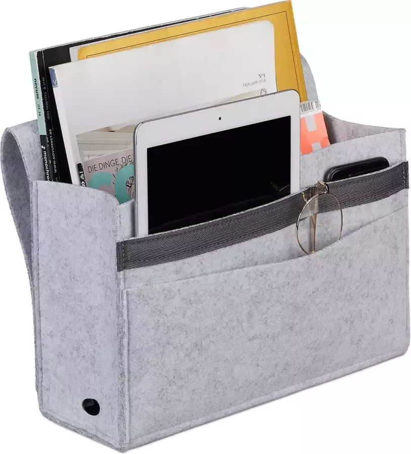 Relaxdays bed organizer 6 vakken klittenband vilten bedside pocket 27 x 31 5 x 11 5 cm bank opbergtas lichtgrijs