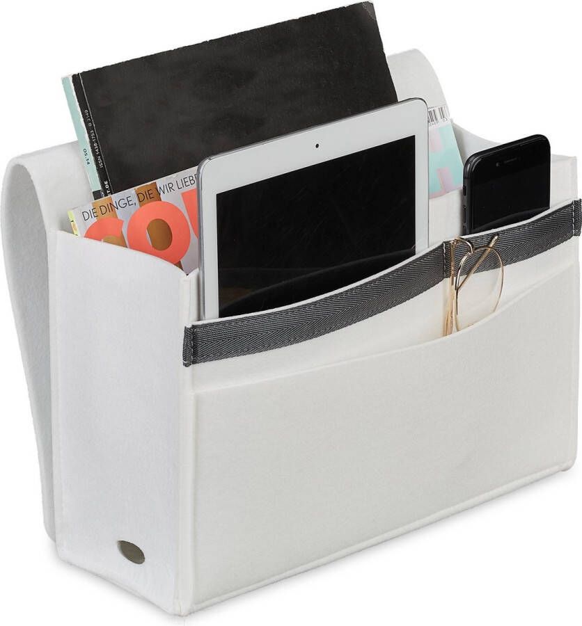 Relaxdays bed organizer 6 vakken klittenband vilten bedside pocket 27 x 31 5 x 11 5 cm bank opbergtas wit - Foto 2