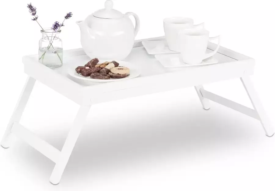 Relaxdays bedtafel bamboe klapbare pootjes opstaande rand serveren 22 x 64 x 31 cm dienbladtafel wit