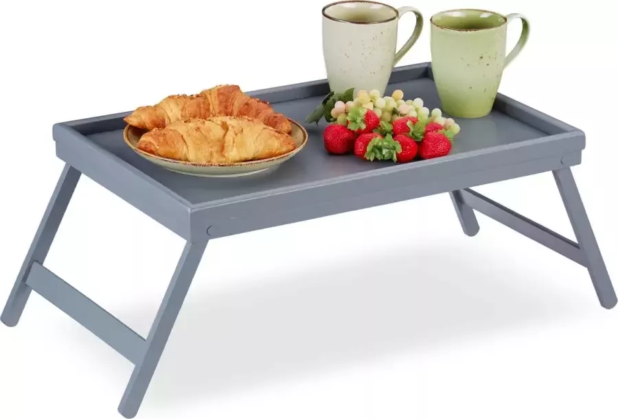 Relaxdays bedtafel bamboe voor op bed inklapbaar verhoogde rand 4 x 50 x 31 cm op poten grijs