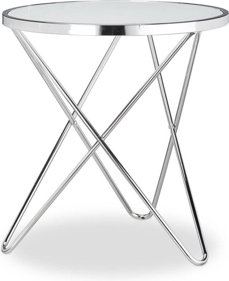 Relaxdays bijzettafel glas medium chroom melkglas staal rond 57 x 54 cm zilver