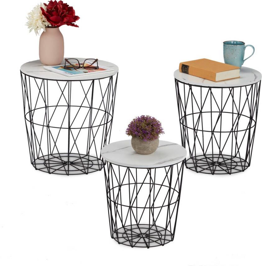 Relaxdays bijzettafel met draadmand set van 3 verschillende groottes salontafel met marmerlook zwart-wit