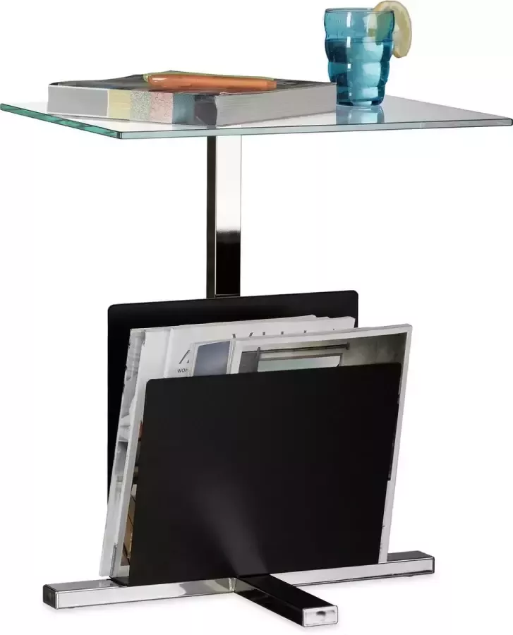 Relaxdays bijzettafel met tijdschriftenrek glasplaat glazen tafel modern lectuurbak