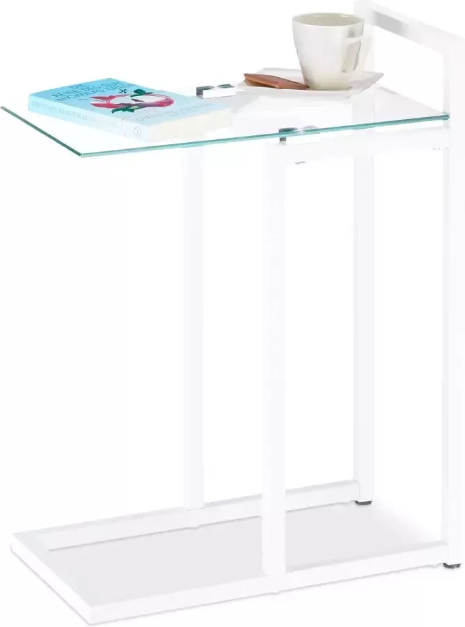 Relaxdays bijzettafel metaal glas salontafel klein glasplaat 60 cm hoog sidetable wit