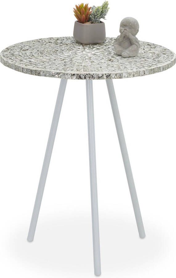 Relaxdays bijzettafel mozaïek rond handgemaakt bijzettafeltje salontafel 50 x 41 wit