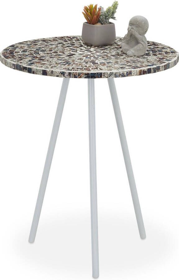 Relaxdays bijzettafel mozaïek rond handgemaakt bijzettafeltje salontafel 50 x 41 Wit-zilver