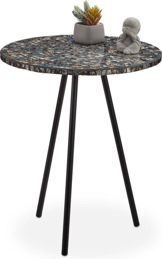 Relaxdays bijzettafel mozaïek rond handgemaakt bijzettafeltje salontafel 50 x 41 zwart antiek