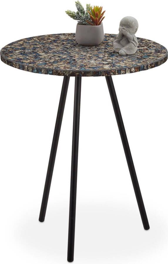 Relaxdays bijzettafel mozaïek ronde siertafel handgemaakt mozaiek tafel 50 x 41 cm zwart-goud zwart goud