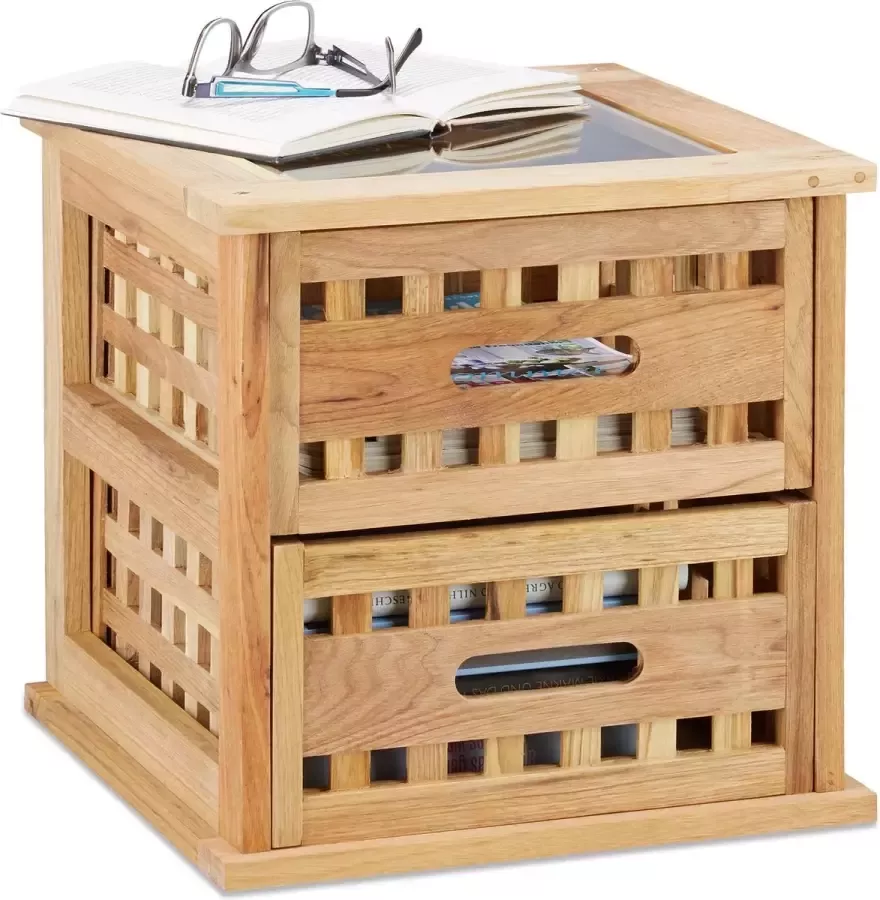 Relaxdays bijzettafel notenhout nachtkastje hout 34 x 34 x 34 2 lades tafeltje