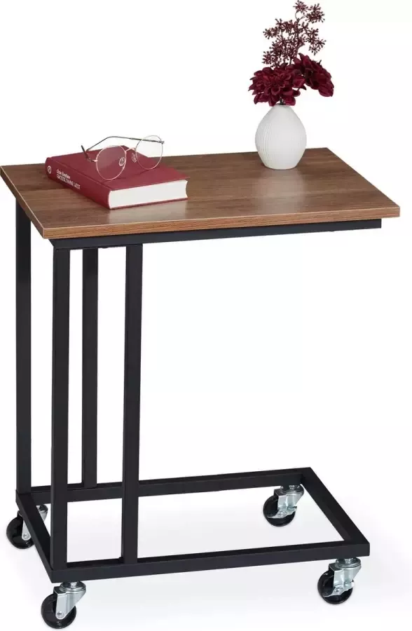 Relaxdays bijzettafel op wieltjes salontafel industrieel metaal & hout look klein